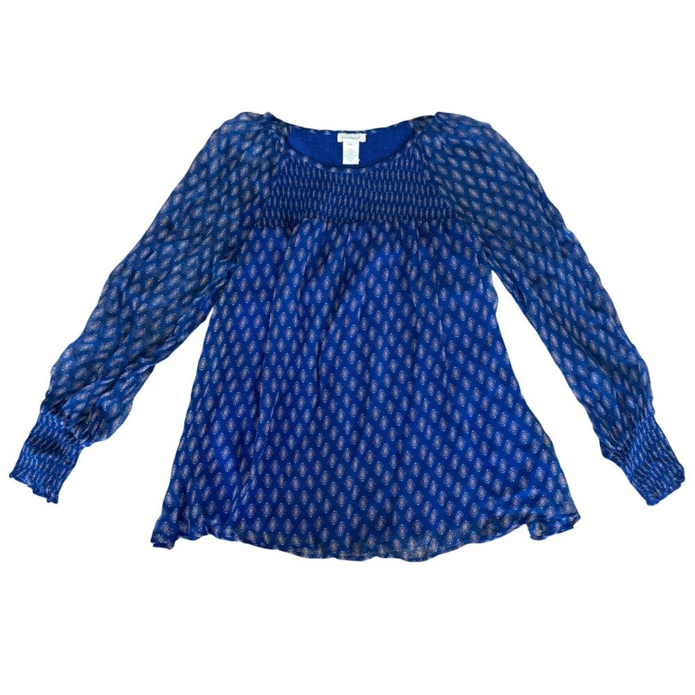 Sundance Blue Boho Sheer Long Sleeve Smocked Blouse Top M 100% Rayon